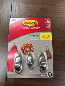 lot 329 image: Open Box New 3 Pack of 3M Command Pro Indoor  Outdoor Brushed Nickel Metal Hanging Hooks