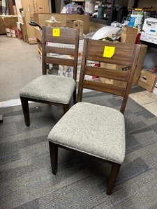 lot 27 image: 2 Dining Chairs Pike &Main Mahogany Solids and Trembasi Veneers - Stain Resistant Fabric - Hand Distressed Finish.