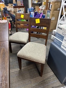 lot 28 image: 2 Dining Chairs Pike &Main Mahogany Solids and Trembasi Veneers - Stain Resistant Fabric - Hand Distressed Finish.