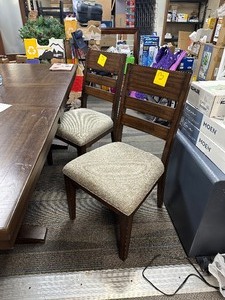 lot 29 image: 2 Dining Chairs Pike &Main Mahogany Solids and Trembasi Veneers - Stain Resistant Fabric - Hand Distressed Finish.