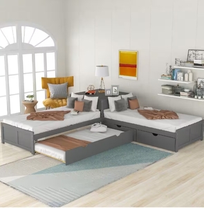 lot 45 image: New Gray L-Shaped Platform Bed with Trundle and Drawers Linked with Built-in Desk,Wood Corner Bed with 3 Twin Beds for Kids ( Retail $1,013,73)