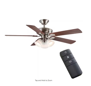 lot 341 image: New Hampton Bay Campbell 52 in. Indoor LED Brushed Nickel Ceiling Fan with Light Kit, Downrod, Reversible Blades and Remote 1.3k
