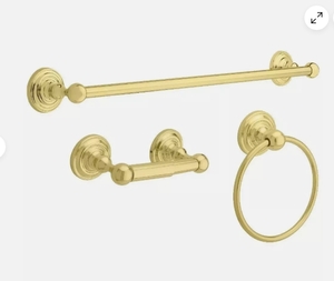 lot 167 image: 3 New Delta Greenwich Collection Gold 3 Piece Bathroom Hardware Sets - 24 Towel Bar, Towel Ring, & toilet Paper Holder
