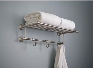 lot 173 image: New Delta Hospitality Extensions 24 in. Train Rack Shelf with 3 Hooks Bath Hardware Accessory in Brushed Nickel