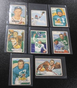 lot 23 image: 1950 & 1951 Bowman Baseball & Football Card Lot  8 Cards Extremely Low Grade