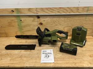 lot 19 image: Green Machine Cordless Chainsaw Model # GMCS6200 with 2.5Ah Battery and Charger