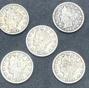 Lot of 5 Liberty V Nickels