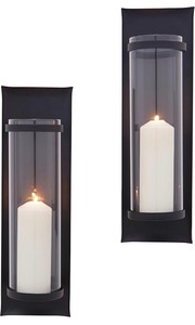 lot 196 image: Danya B. Wrought Iron Rectangle Pillar Candle Sconces with Glass Inserts