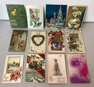 Group of Vintage Christmas Postcards and Santa Stickers