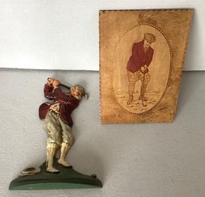 Cast Iron Golfer Doorstop and Vintage Wooden Plaque