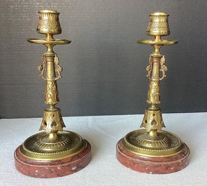 Pair Antique French Bronze & Marble Candlesticks