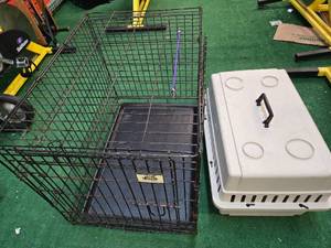 lot 25 image: Two Dog Crates ( Wire Crate 28L x 24W x 24H  Plastic Crate 20L x 15W x 17H)