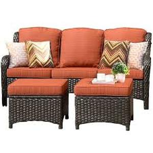 lot 74 image: OVIOS Joyoung Brown 3-Piece Wicker outdoor Patio Sectional Conversation Seating Set with Orange Red Cushions