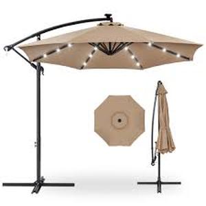 lot 11B image: Angel Sar 10 ft. Solar LED Offset Hanging Market Patio Umbrella in Khaki