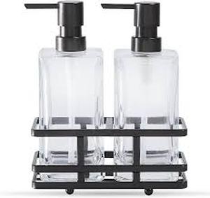 lot 51 image: Square Glass Clear Lotion and Soap Pump Dispenser Set with Metal Stand Caddy-(Oil Rubbed Bronze)