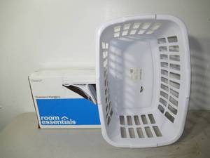 lot 38 image: 2 piece Combo-1 Threshold 1.5 Bushel Laundry Basket & 1 50 Pack Room Essentials Standard Clothes Hangers-White