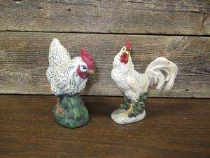 lot 204 image: Set of 2 5in. Chicken Figures-1 Plymouth Rock Barred Hen & 1 Australorp White Rooster