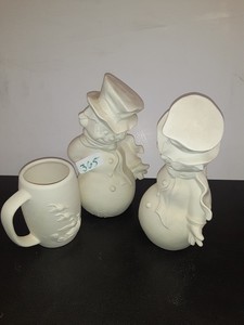 lot 365 image: Greenware lot of 3 snowman mug christmas-once fired-ducks. As shown.