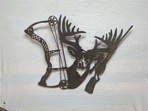 lot 100 image: Metal Wall Art Featuring Hunting Theme with Bow and Rifle
