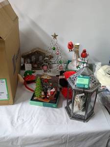 lot 228 image: Mixed Holiday Decor Lot with Lantern, Scarf, and Christmas Tree