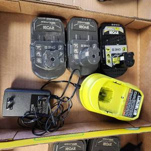 lot 9 image: Ryobi Battery Charger PCG002 And Two Batteries 18V Lithium PBP006 Tested Work