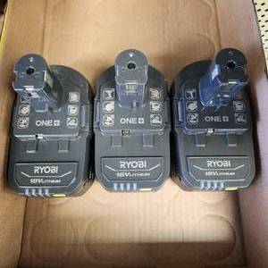 lot 11 image: Lot Of Three Ryobi Batteries 18VLitium PBP005 4AH All Tested Work Great Condition