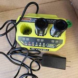 lot 12 image: Ryobi Battery Charger FVCH01 And Two Batteries FVB025 All Tested And Work Great Condition