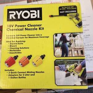 lot 16 image: Lot Of Three Ryobi 18V Power Cleaner Chemical Nozzle Kit 3 Quick Connect Misting Nozzles Adaptors For 2 Liter And 1 Gallon Bottles Great Condition
