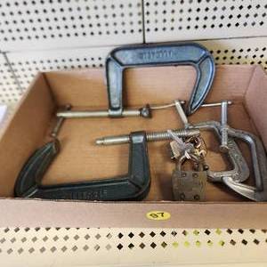 lot 65 image: Lot Of Two Metal Clamps And Two Vintage Padlocks