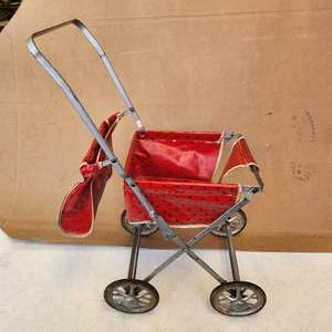 lot 84 image: Red Vintage Baby Doll Stroller Metal Frame Great Condition