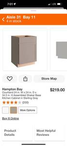lot 10 image: Hampton Bay Courtland 24 in. W x 24 in. D x 34.5 in. H Assembled Shaker Base Kitchen Cabinet in Sterling Gray