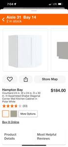 lot 11 image: Hampton Bay Courtland 24 in. W x 24 in. D x 30 in. H Assembled Shaker Diagonal Corner Wall Kitchen Cabinet in Polar White