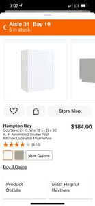 lot 14 image: Hampton Bay Courtland 24 in. W x 12 in. D x 30 in. H Assembled Shaker Wall Kitchen Cabinet in Polar White