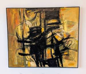 lot 26 image: Small Vintage Framed Abstract Oil on Canvas Painting by Roger Junak