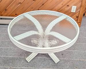 lot 31 image: Round Glass Topped Patio Coffee Table