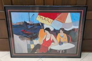 lot 39 image: Large Framed Seaside Cafe Print by Itzchak Tarkay