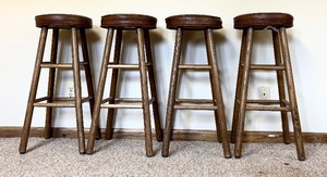 lot 81 image: Vintage Wooden Base and Brown Faux Leather Stool Bar Stools