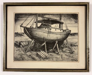 lot 114B image: Framed Vintage Etching Print Ship on Shore Picture by Gaylord