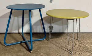 lot 120A image: Two Vintage Small Outdoor Tables  Yellow and Blue
