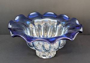 lot 47 image: Shannon Crystal Blue Ruffled Centerpiece Bowl