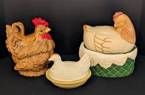 lot 116 image: Three Rooster and Hens Cookie Jars and Covered Dish