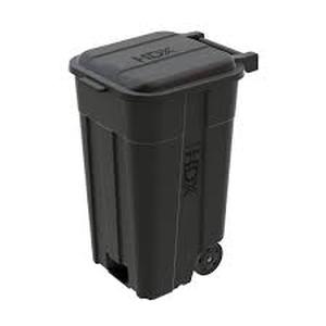 lot 5 image: HDX 45 Gal. Black Outdoor Vented Trash Can with Wheels, Attached Lid, Rounded Handles, and Reinforced Foothold  Customer Returns See Pictures