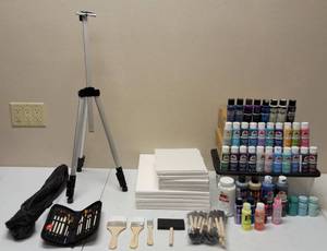 Assortment of Art Supplies for the Artist - (1) Easel (5) Approximately 12 in x 16 in Canvas (5) Approximately 8 in x 10 in Canvas, Assortment of Paints and Brushes