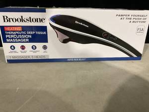 lot 423 image: Brookstone Handheld Percussion Body Massager, 4 Vibration Modes, 5 Interchangeable Heads