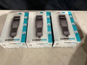 lot 425 image: LOT OF 3 ConairMAN Professional Mens Haircut Kit, Basic Clipper, Guide Combs, & Accessories, HC93W