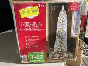 lot 455 image: 7 Pre-Lit Flocked Colorado Artificial Christmas Tree with 190 Warm White LED Lights, by Holiday Time