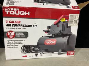 lot 457 image: Hyper Tough 3 Gallon Oil-free Portable Air Compressor with Hose & Inflation Accessory Kit, 100 PSI