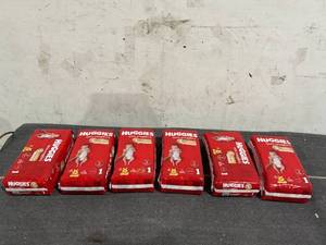 lot 173 image: LOT OF 6 Huggies Size 1 Diapers, Little Snugglers Newborn Diapers, Size 1 (8-14 lbs), 33 Count