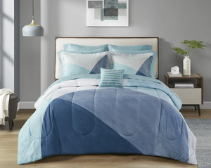 lot 703 image: Mainstays 10 Piece Blue Color Block Bed in a Bag Comforter Set with Sheets, Queen