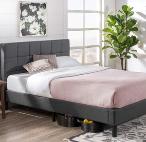 lot 729 image: ZINUS Lottie Upholstered Platform Bed Frame, Mattress Foundation, Wood Slat Support, No Box Spring Needed, Easy Assembly, Grey, Queen